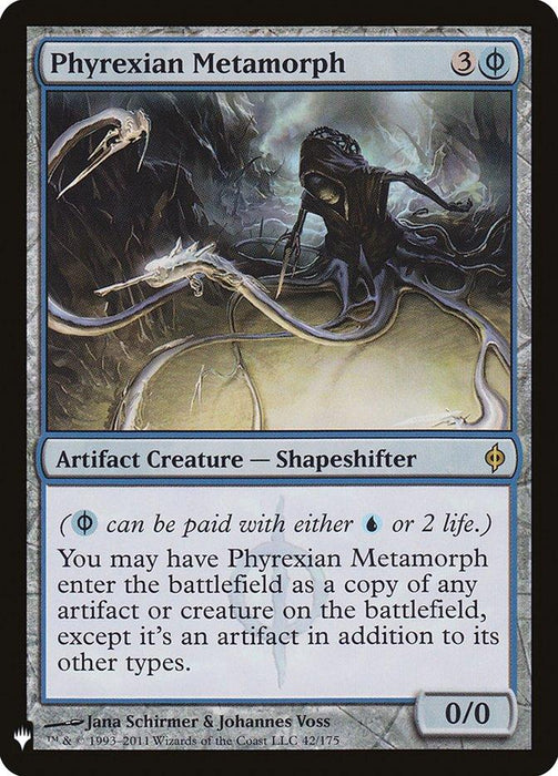 A Magic: The Gathering product titled "Phyrexian Metamorph [Mystery Booster]" from the Mystery Booster set depicts a dark, eerie creature with multiple tentacles emerging from a misty environment. This artifact creature has a casting cost of 3 colorless mana and 1 blue mana or 2 life. It can copy artifacts or creatures on the battlefield.