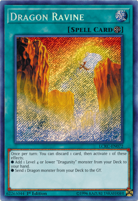 The image showcases a Yu-Gi-Oh! trading card from the Legendary Collection Kaiba, named "Dragon Ravine [LCKC-EN072] Secret Rare". This Secret Rare Field Spell allows you to discard 1 card once per turn to either add a Level 4 or lower 'Dragunity' monster from your Deck to your hand, or send 1 Dragon monster from your Deck to the GY.