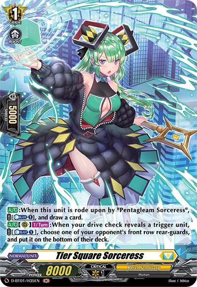 A trading card from Bushiroad's "Genesis of the Five Greats," titled "Tier Square Sorceress" (D-BT01/H35EN), depicts a green-haired female character in a black and green outfit with golden accents. The dynamic, glowing background highlights her abilities: grade 1, power 8000, critical 1, shield 5000, and she belongs to the Keter Sanctuary clan.