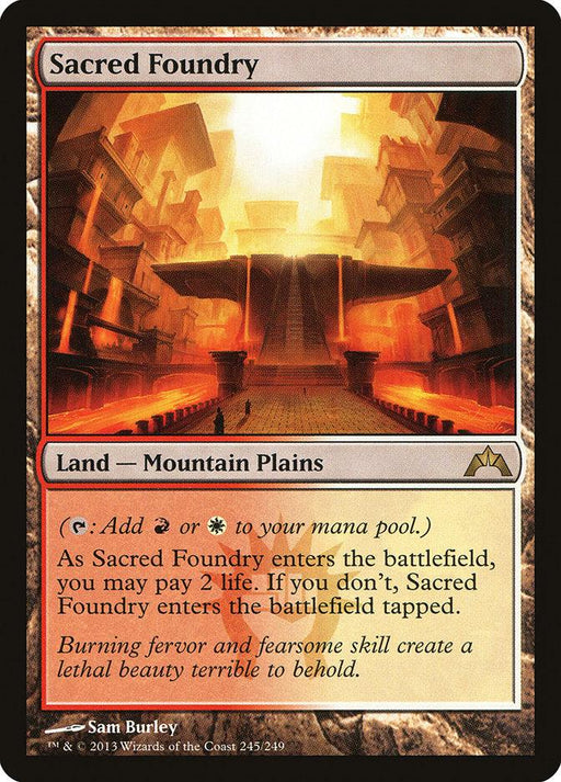 A Magic: The Gathering card titled Sacred Foundry [Gatecrash]. This Rare Land from Gatecrash has the subtype "Mountain Plains." The card features art of a grand, fiery foundry with molten metal. It allows adding red or white mana, and includes a life payment option to avoid entering tapped.