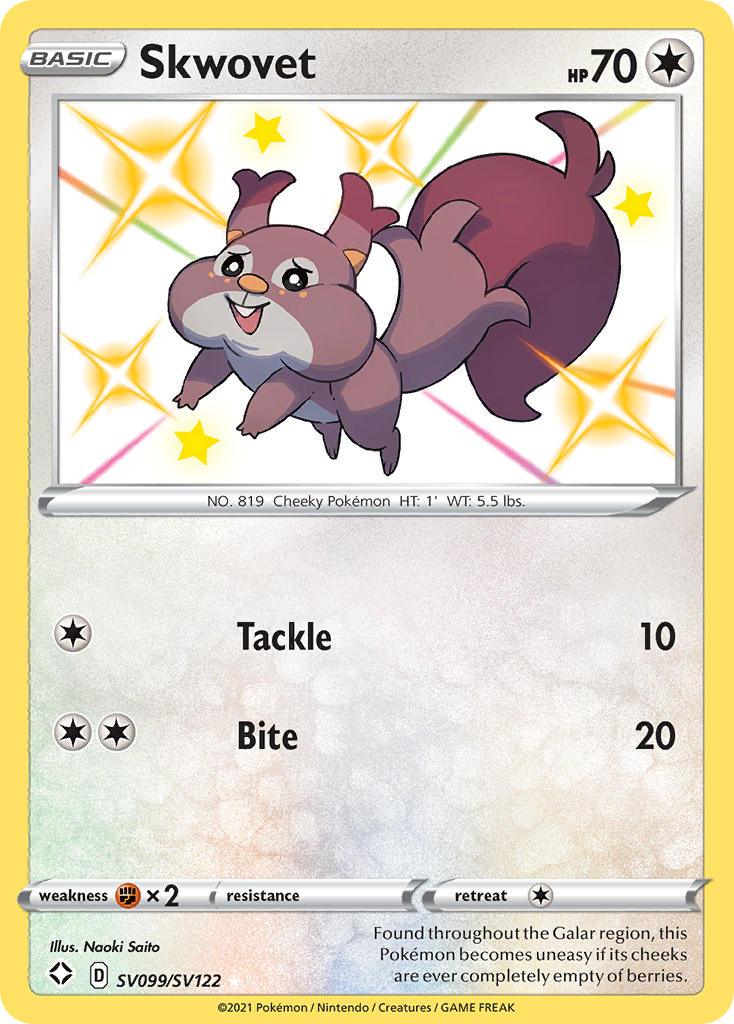 A Pokémon Skwovet (SV099/SV122) [Sword & Shield: Shining Fates] trading card, a brown and white squirrel-like Pokémon with a fluffy tail and cheeks, recognized as the 