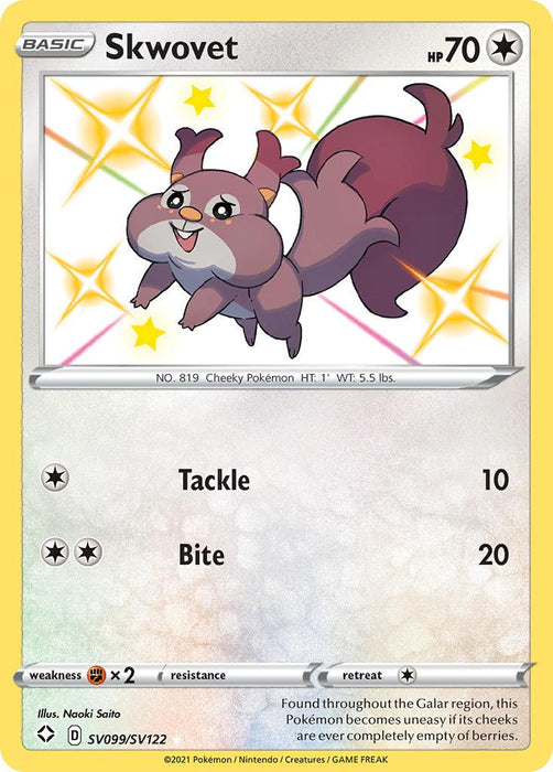 A Pokémon Skwovet (SV099/SV122) [Sword & Shield: Shining Fates] trading card, a brown and white squirrel-like Pokémon with a fluffy tail and cheeks, recognized as the "Cheeky Pokémon" from the Shining Fates series. The card has 70 HP and features moves Tackle (10 damage) and Bite (20 damage). The background boasts a shiny, multi-colored star pattern.