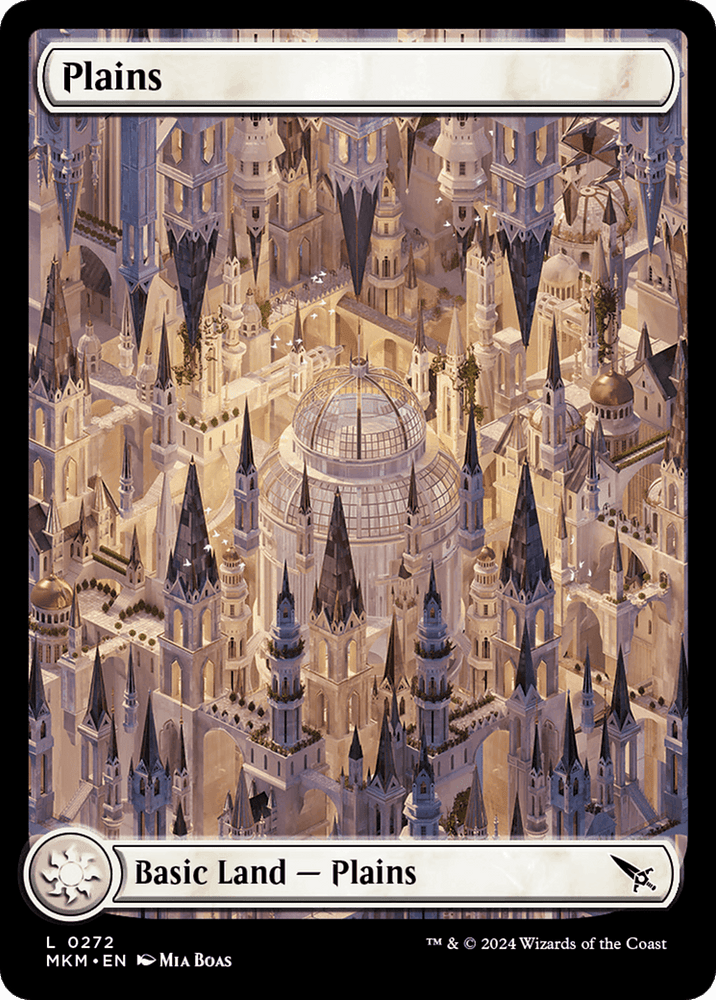 The image shows a Magic: The Gathering card titled "Plains (0272) [Murders at Karlov Manor]," featured as a Basic Land in the series. The artwork depicts a majestic cityscape with numerous spires and towers, featuring a central glass-domed building. The soft golds and whites create an ethereal, serene atmosphere.