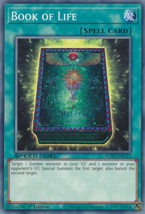 The image features the "Book of Life [SGX3-ENC15]" Common Spell Card from the Yu-Gi-Oh! trading card game. Usable in Speed Duel GX, this card boasts a teal border with its title prominently displayed at the top. The artwork showcases an ornate book adorned with a glowing gem, mystical symbols, and an eye design on the cover—ideal for Special Summon effects involving Zombie monsters.