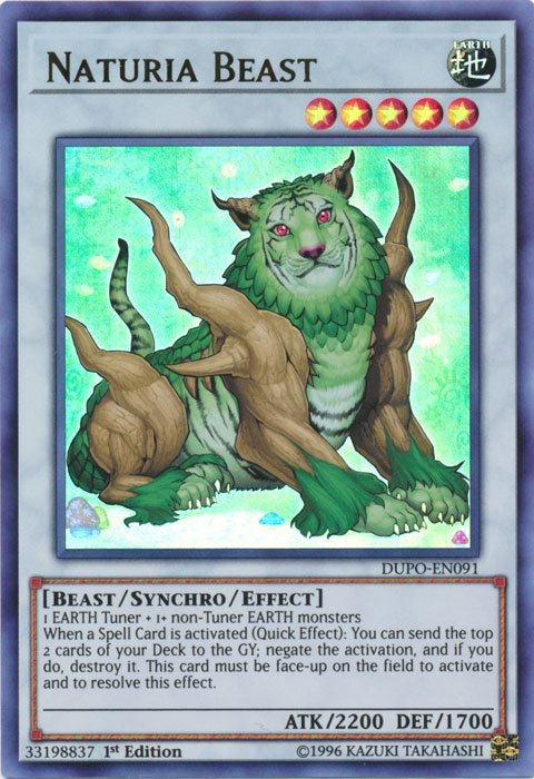 This Yu-Gi-Oh! card, Naturia Beast [DUPO-EN091] Ultra Rare, features a Synchro/Effect Monster that resembles a green tiger adorned with wooden horns and armor. Set against an enchanting mystical forest backdrop, it captures attention with its striking design. Classified as 