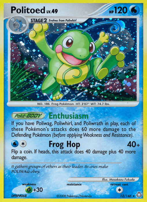 A Pokémon card from the Diamond & Pearl: Legends Awakened series, Politoed (12/146), features Politoed, a Water-type frog Pokémon with a green body and a curly blue pattern on its belly. This Holo Rare Stage 2 card has 120 HP, boasts the "Enthusiasm" ability and "Frog Hop" attack. It evolves from Poliwhirl.