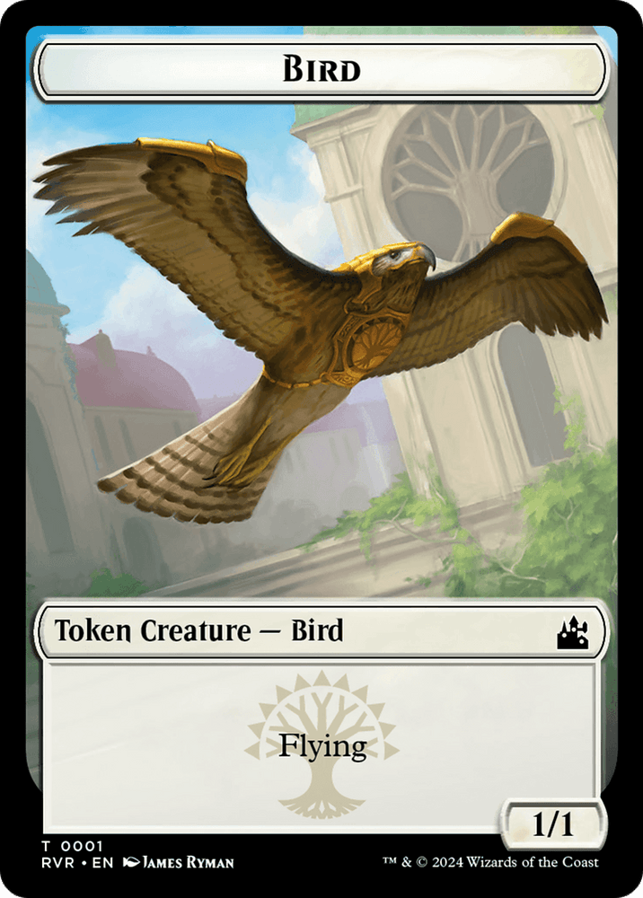 A "Magic: The Gathering" Bird // Zombie Double-Sided Token [Ravnica Remastered Tokens] from Ravnica Remastered featuring a bird mid-flight. Its wings spread wide against a backdrop of classical architecture and a blue sky. The card reads "Token Creature — Bird" and "Flying," with power/toughness ratings of 1/1. Legal text is at the bottom.