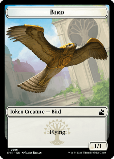 A "Magic: The Gathering" Bird // Zombie Double-Sided Token [Ravnica Remastered Tokens] from Ravnica Remastered featuring a bird mid-flight. Its wings spread wide against a backdrop of classical architecture and a blue sky. The card reads "Token Creature — Bird" and "Flying," with power/toughness ratings of 1/1. Legal text is at the bottom.