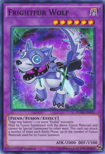 A Super Rare Yu-Gi-Oh! trading card titled "Frightfur Wolf [FUEN-EN021]" from the Fusion Enforcers series. This Level 6, Dark attribute Fiend/Fusion/Effect Monster features a cartoonish wolf with mechanical parts and stitches. Stats: 2000 ATK, 1500 DEF. Card number: FUEN-EN021, ©1996 Kazuki Takahashi