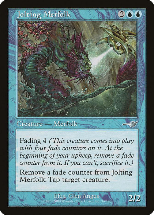 A "Magic: The Gathering" card titled "Jolting Merfolk [Nemesis]" from the Nemesis set costs two generic and two blue mana. The card art depicts a glowing green merfolk underwater. It features Fading 4 and the ability to remove a fade counter to tap a creature. The card stats are 2/2 at the bottom right.