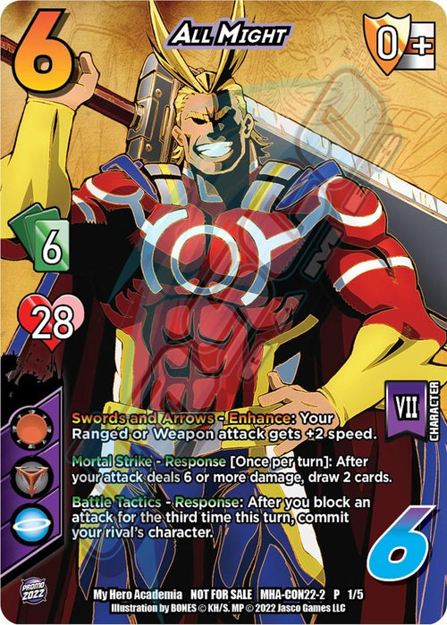 A cartoon character, skilled in battle tactics, confidently holds All Might (Gencon 2022) [Crimson Rampage Promos] by UniVersus.