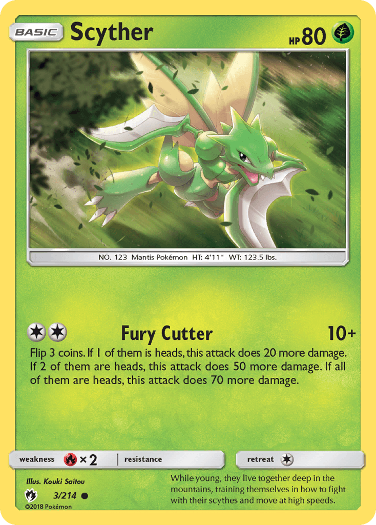 A Pokémon trading card featuring Scyther (3/214) [Sun & Moon: Lost Thunder] from the Pokémon brand. Scyther is a green, insect-like Pokémon with blade-like arms, shown hurling through the air amidst foliage. The card's details include 