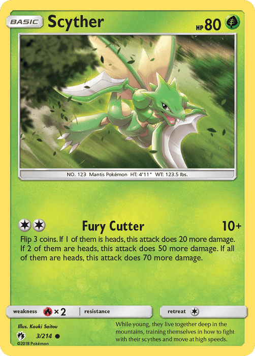 A Pokémon trading card featuring Scyther (3/214) [Sun & Moon: Lost Thunder] from the Pokémon brand. Scyther is a green, insect-like Pokémon with blade-like arms, shown hurling through the air amidst foliage. The card's details include "Scyther," an HP of 80, and attacks like "Fury Cutter." There's a Pokédex description and card statistics at the bottom.