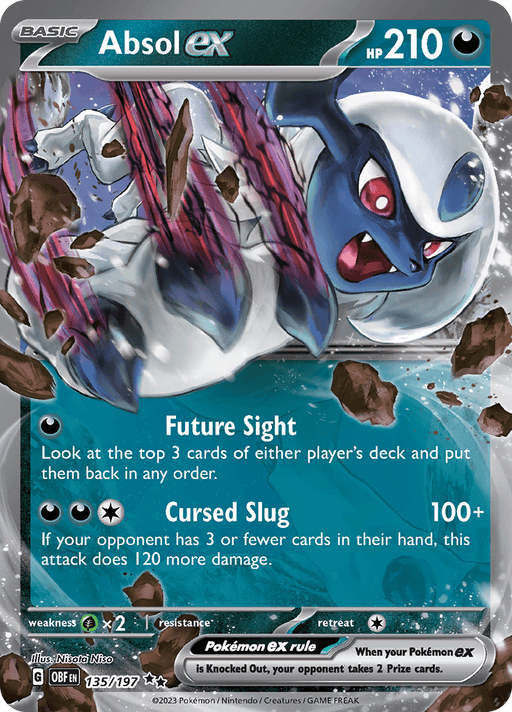 A Double Rare Pokémon trading card for Absol ex (135/197) [Scarlet & Violet: Obsidian Flames]. The card features an image of the Pokémon Absol surrounded by obsidian flames and rocks, with a powerful and intense expression. It has 210 HP and the following moves: Future Sight and Cursed Slug. Detailed game text, stats, and a "Pokémon ex rule" note are included.
