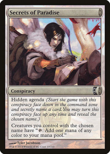 Secrets of Paradise [Conspiracy]," a "Magic: The Gathering" card from the Conspiracy set, features an elf with dark hair reading in a forest. As a Conspiracy type card, it includes the hidden agenda ability and grants a mana ability to creatures with the chosen name—making it a strategic asset in the command zone.