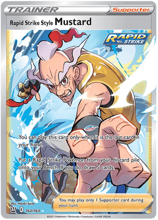A Pokémon Rapid Strike Style Mustard (162/163) [Sword & Shield: Battle Styles] featuring Trainer Mustard from the Rapid Strike Style series. Mustard is illustrated in a dynamic fighting pose, wearing yellow and blue athletic attire. This Ultra Rare card includes game instructions and is from the Sword & Shield Battle Styles Expansion, identified as card number 162/163.