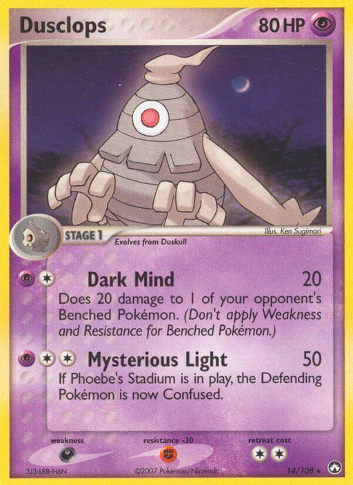 A Pokémon card for Dusclops (14/108) (Theme Deck Exclusive) [EX: Power Keepers] from the Pokémon set, boasting 80 HP. This Holo Rare card illustrates a spectral, cyclopean Pokémon with a single red eye and gray bandages. It knows two moves: "Dark Mind" and "Mysterious Light." Additional features include resistance, retreat cost, and evolution from Duskull.