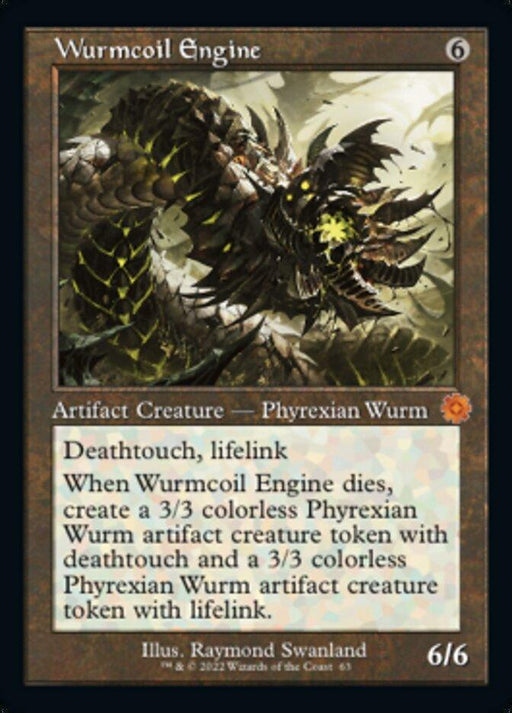 Image of the Magic: The Gathering card “Wurmcoil Engine (Retro) [The Brothers' War Retro Artifacts].” This 6-mana colorless artifact creature boasts 6/6 power and toughness, categorized as a Phyrexian Wurm. Its formidable abilities include deathtouch, lifelink, and creating two 3/3 tokens with the same abilities upon death. Illustrated by Raymond Swanland.