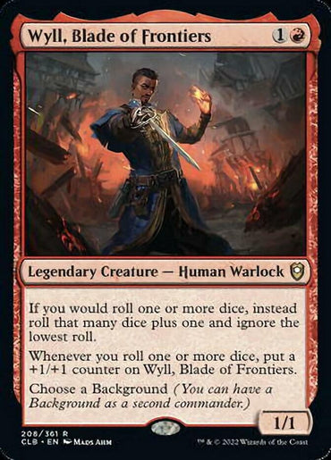 A Magic: The Gathering product titled "Wyll, Blade of Frontiers [Commander Legends: Battle for Baldur's Gate]." This card from Magic: The Gathering features a Human Warlock wielding a glowing sword, standing in a fiery, chaotic battlefield. The card costs 1 red and 1 generic mana, has abilities related to dice rolls, and boasts power and toughness of 1/1.
