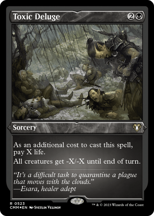 A Magic: The Gathering card titled "Toxic Deluge (Foil Etched) [Commander Masters]," from the Commander Masters set. This rare, black-bordered sorcery depicts a devastated scene with warriors succumbing to a toxic flood. Its text reads: "As an additional cost to cast this spell, pay X life. All creatures get -X/-X until end of turn.