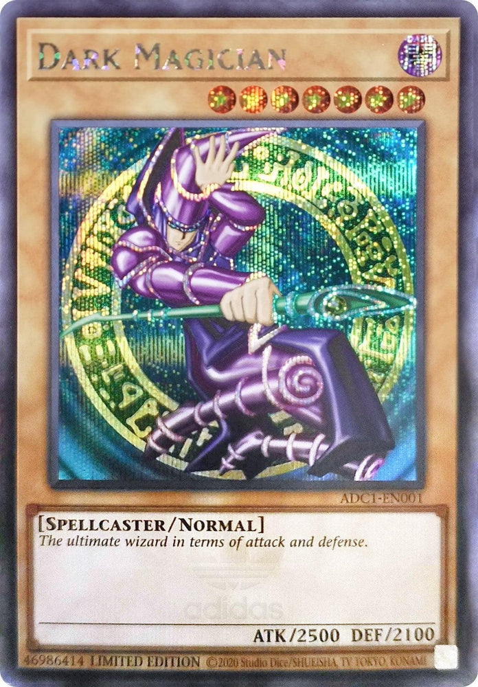 The Yu-Gi-Oh! "Dark Magician (Adidas Exclusive) [ADC1-EN001] Prismatic Secret Rare" trading card highlights the ultimate wizard dressed in a purple robe and wielding a staff. It features a Prismatic Secret Rare holographic background adorned with magical symbols, with the text "Spellcaster/Normal," showcasing ATK 2500 and DEF 2100.