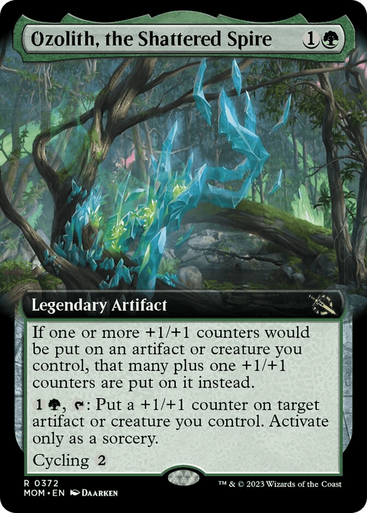 A trading card titled "Ozolith, the Shattered Spire (Extended Art) [March of the Machine]" from Magic: The Gathering. It features vibrant artwork with a magical spire made of blue crystals in a lush forest. The card’s text provides rules for adding +1/+1 counters and cycling. It is a Legendary Artifact from the "March of the Machine" collection.