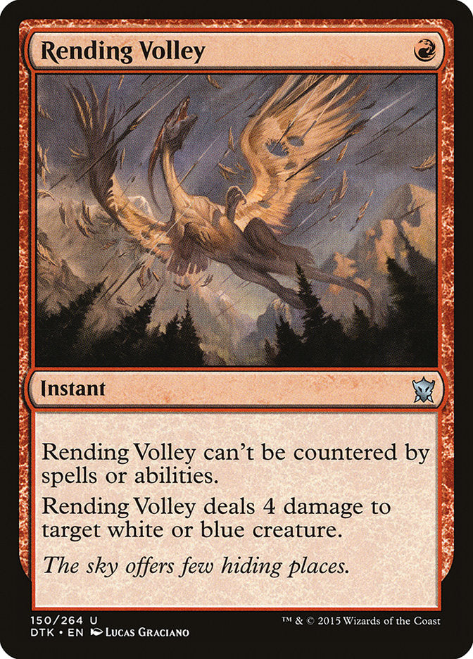 Rending Volley [Dragons of Tarkir]" from Magic: The Gathering features artwork of a phoenix-like bird flying through a forest with flames trailing behind it. This Instant card, bordered in red, highlights its uncounterable ability to deal 4 damage to a white or blue target creature.