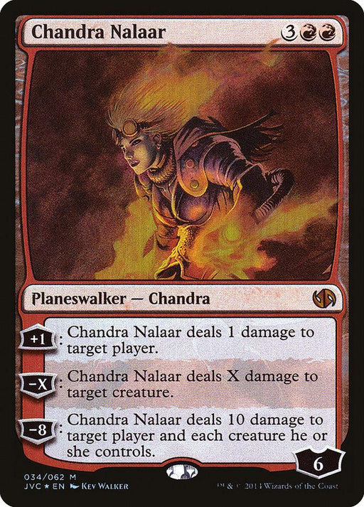 A "Magic: The Gathering" Legendary Planeswalker card featuring Chandra Nalaar [Duel Decks Anthology] from Magic: The Gathering. The card shows Chandra in fiery action, costing 3 generic and 2 red mana to play. With starting loyalty of 6, it has three abilities: +1 deals 1 damage to a player; -X deals X damage to a creature; -