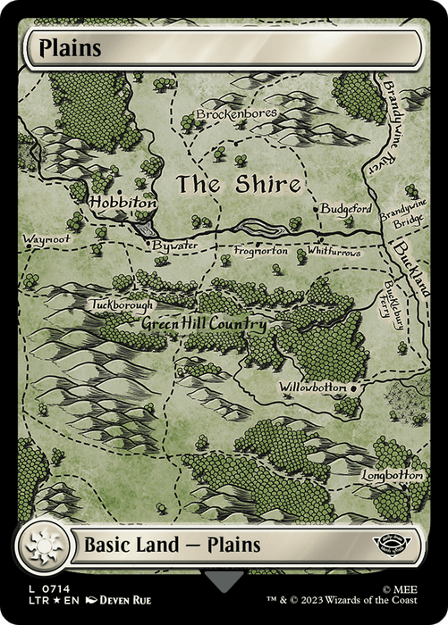 A Magic: The Gathering trading card titled "Plains (0714) (Surge Foil) [The Lord of the Rings: Tales of Middle-Earth]" depicts a geographic representation of "The Shire" from The Lord of the Rings: Tales of Middle-Earth. It showcases detailed illustrations of forests, rivers, hills, and towns with labels like "Hobbiton," "Bywater," "Tuckborough," and "Green Hill Country.