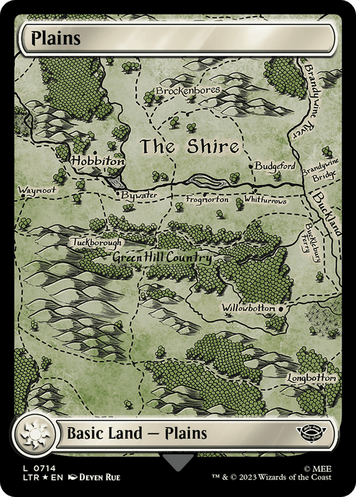 A Magic: The Gathering trading card titled "Plains (0714) (Surge Foil) [The Lord of the Rings: Tales of Middle-Earth]" depicts a geographic representation of "The Shire" from The Lord of the Rings: Tales of Middle-Earth. It showcases detailed illustrations of forests, rivers, hills, and towns with labels like "Hobbiton," "Bywater," "Tuckborough," and "Green Hill Country.