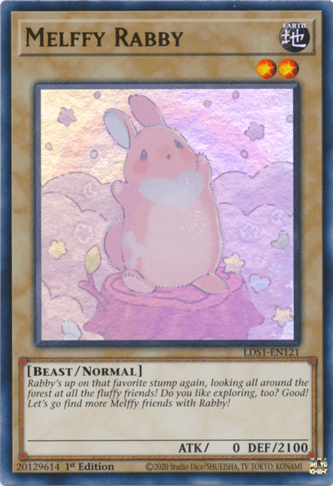 A Yu-Gi-Oh! trading card titled "Melffy Rabby [LDS1-EN121] Ultra Rare" from the Legendary Duelists series. This Ultra Rare card features a pink, rabbit-like creature with a round body and floppy ears, sitting on a scenic tree stump surrounded by pink and purple hues. The card text describes the creature's traits and flavor text.