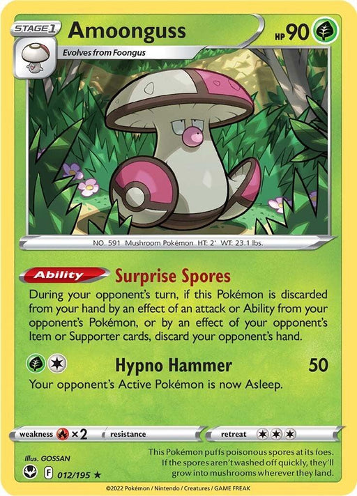 A Pokémon card from the Sword & Shield: Silver Tempest series featuring Amoonguss, a Grass-type Pokémon with a red-and-white mushroom cap resembling a Poké Ball. The card has green borders and displays Amoonguss's abilities: Surprise Spores and Hypno Hammer. The text box provides details like HP (90) and card number (012/195).