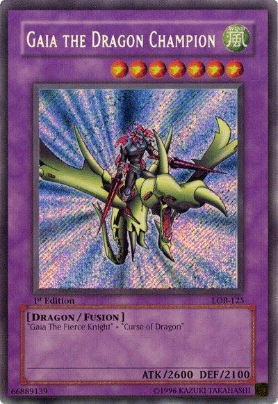 A Yu-Gi-Oh! trading card titled "Gaia the Dragon Champion [LOB-125] Secret Rare," featured in The Legend of Blue Eyes White Dragon set. This 1st edition Secret Rare Fusion Monster, numbered LOB-125, depicts a warrior in armor riding a green dragon. It requires "Gaia the Fierce Knight" and "Curse of Dragon." Stats: ATK/2600 DEF/