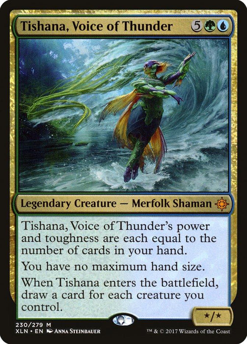 A Magic: The Gathering card titled "Tishana, Voice of Thunder [Ixalan]" from the Magic: The Gathering set. This legendary creature depicts a merfolk shaman with green skin and flowing blue-green hair standing before a massive wave. The card costs 5UG and features variable power and toughness, with detailed abilities in its text.