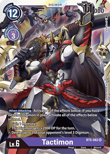 This image showcases the Digimon Super Rare card, Tactimon [BT5-082] [Battle of Omni]. It features Tactimon as a formidable warrior adorned in ornate armor and wielding a large sword. The card outlines details like its play cost, level, and abilities, including gaining memory, increased DP, and the power to delete opponent's Digimon.