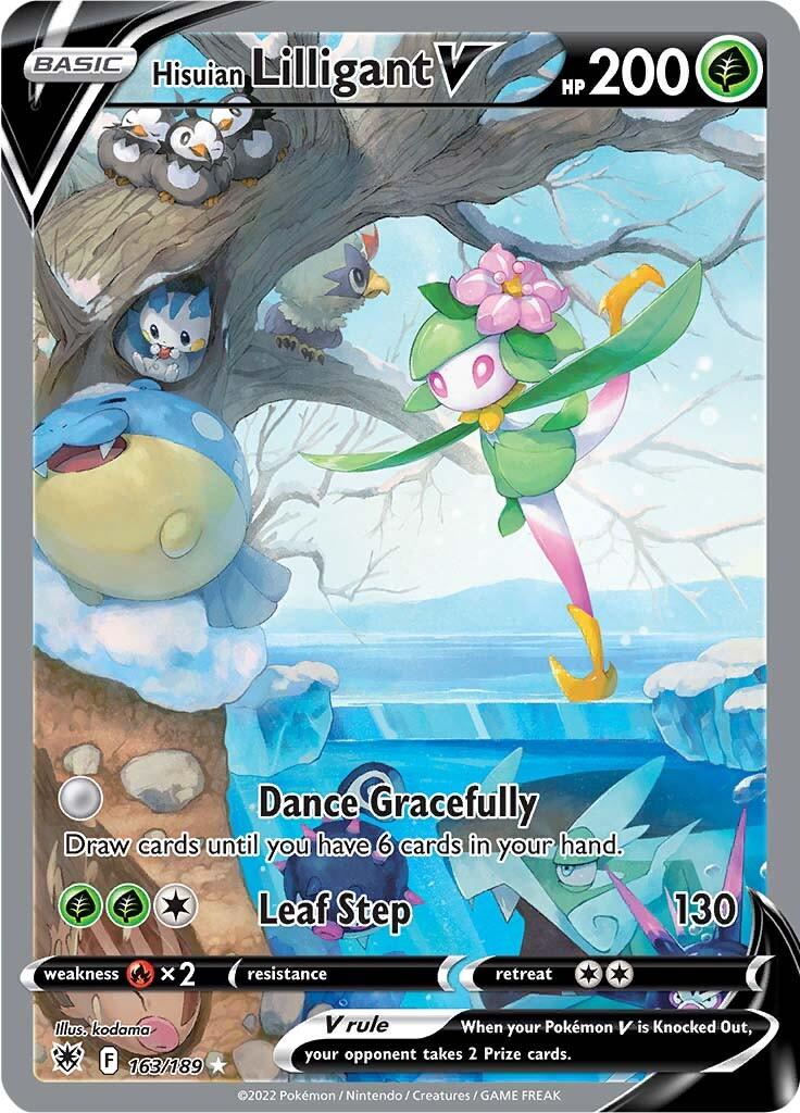 A Hisuian Lilligant V (163/189) [Sword & Shield: Astral Radiance] card from Pokémon, illustrated with Lilligant dancing gracefully on ice. The ultra rare card has a holographic background featuring snow, Pokémon, and trees. The moves listed are 