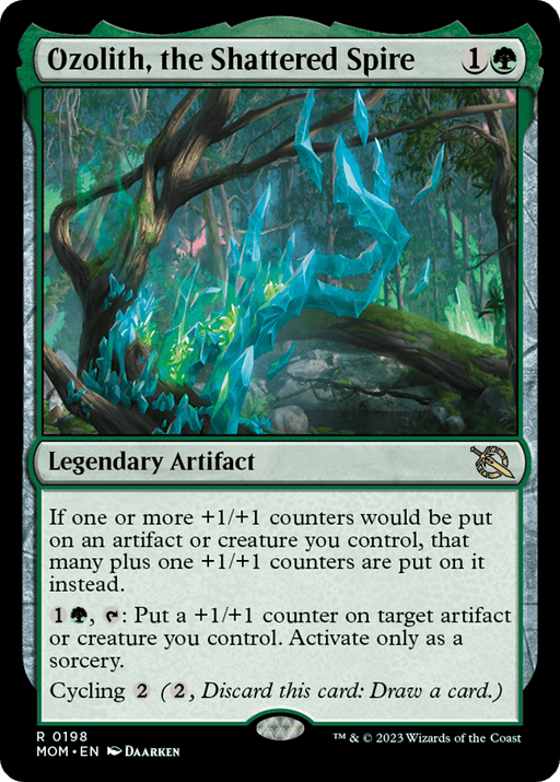 A "Magic: The Gathering" card named Ozolith, the Shattered Spire [March of the Machine] from Magic: The Gathering. It shows floating blue crystals in a forest, framed by a green border. As a Legendary Artifact, its text box details abilities related to placing +1/+1 counters, cycling, and activation costs.