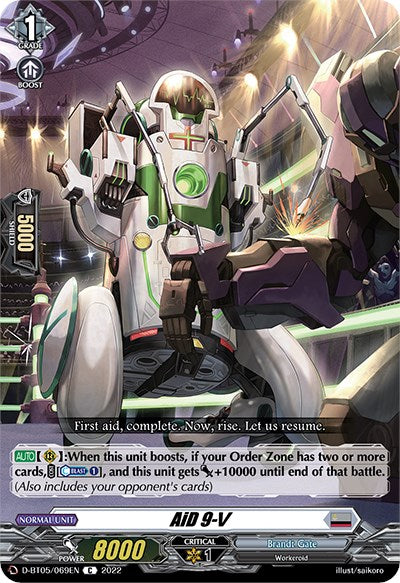 The AiD 9-V (D-BT05/069EN) [Triumphant Return of the Brave Heroes] anime-style card from the Cardfight!! Vanguard trading card game by Bushiroad features a mecha-themed Workeroid character from the Brandt Gate collection. The character is depicted standing in a brightly lit, futuristic workshop. The card shows its stats as Grade 1, Power 8000, Shield 5000, and Critical 1. Gameplay abilities are detailed at the bottom of the card.