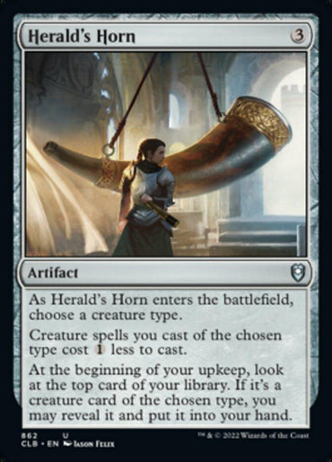 The Magic: The Gathering card "Herald's Horn [Commander Legends: Battle for Baldur's Gate]," featured in Commander Legends, is an artifact with a casting cost of 3. The card depicts someone holding a large horn in a stone room before a window. It reduces casting costs for chosen creature types and can draw potential creature cards during upkeep.