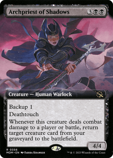 A Magic: The Gathering card titled "**Archpriest of Shadows (Extended Art) [March of the Machine]**" depicts an armored Human Warlock wielding a flaming staff in a dynamic pose. Surrounded by a dark, ominous aura, this Creature card possesses attributes like Backup 1, Deathtouch, and a resurrection mechanic.