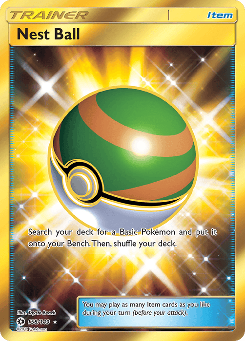 A Nest Ball (158/149) [Sun & Moon: Base Set] Pokémon card with a gold background. The card, part of the Sun & Moon series and labeled as Secret Rare, depicts a green and gold striped Poké Ball. The text reads: "Search your deck for a Basic Pokémon and put it onto your Bench. Then, shuffle your deck." Labeled Trainer, Item, number 158/149, illustrator Toyste Beach.