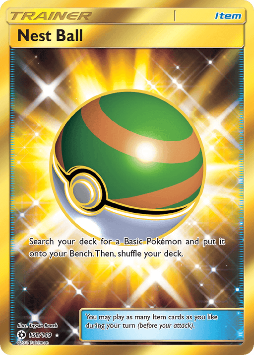 A Nest Ball (158/149) [Sun & Moon: Base Set] Pokémon card with a gold background. The card, part of the Sun & Moon series and labeled as Secret Rare, depicts a green and gold striped Poké Ball. The text reads: "Search your deck for a Basic Pokémon and put it onto your Bench. Then, shuffle your deck." Labeled Trainer, Item, number 158/149, illustrator Toyste Beach.