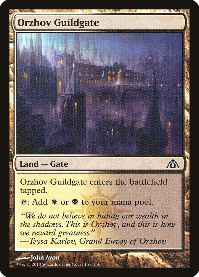 The Magic: The Gathering card "Orzhov Guildgate" [Dragon's Maze] displays a gothic cityscape with imposing spires beneath a somber purple sky. Functioning as a Land Gate, it offers either white or black mana. Its mystique is further enriched by flavor text attributed to Teysa Karlov.