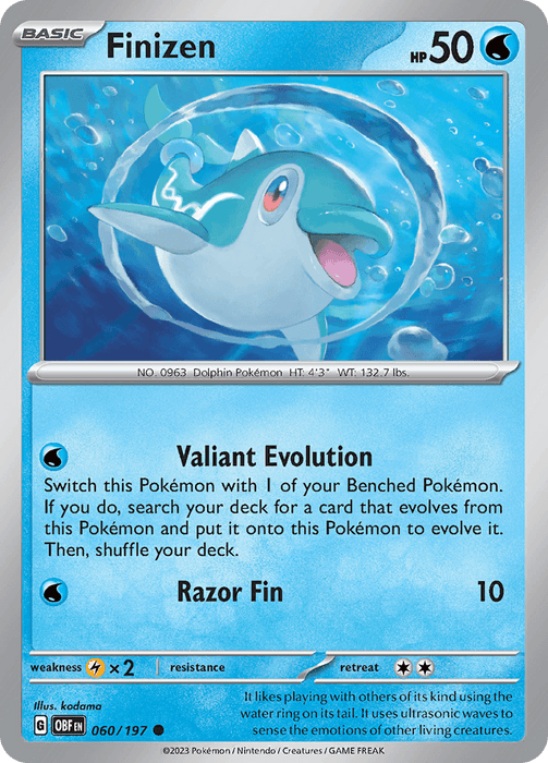 A Pokémon trading card from the Scarlet & Violet: Obsidian Flames series features Finizen (060/197) [Scarlet & Violet: Obsidian Flames], a dolphin-like Pokémon emerging from the Water. The card boasts 50 HP and showcases moves like "Valiant Evolution" and "Razor Fin." With a water-type symbol, it reads: illustration by kodama, number 060/197, and detailed stats in small text.