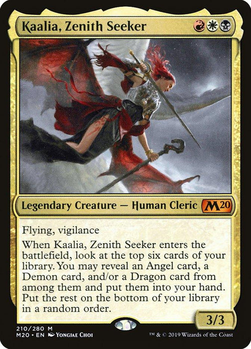 A Magic: The Gathering card titled Kaalia, Zenith Seeker [Core Set 2020] depicts a battle-ready female cleric with wings, soaring over a rocky landscape. Encased in a gold border, this legendary creature flaunts abilities like flying and vigilance, and can reveal specific cards from the deck.