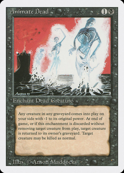 The Magic: The Gathering card named "Animate Dead [Revised Edition]" features artwork of a skeletal figure emerging from a grave, enveloped in eerie blue energy. This enchantment card includes detailed text on the rules for reviving creatures from the graveyard and is framed by a black border with an icon representing black mana adorned with a skull.