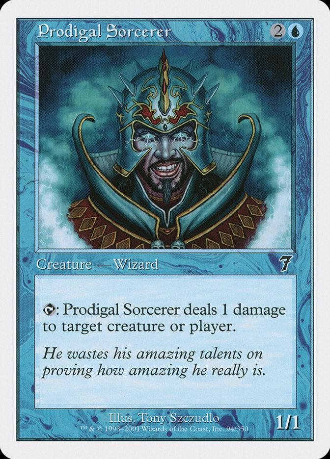 A Magic: The Gathering product titled *Prodigal Sorcerer [Seventh Edition]*. The card depicts a menacing Human Wizard with an ornate helmet, a blue and gold robe, and a fierce expression. It can deal 1 damage to any target. Flavor text: 