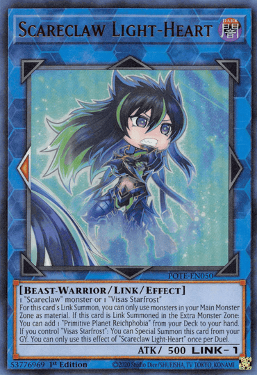 A "Scareclaw Light-Heart [POTE-EN050] Ultra Rare" Yu-Gi-Oh! card features a dark-haired, anime-style character with blue and green highlights, wearing futuristic armor. The frame contains text with the card's properties: DARK attribute, BEAST-WARRIOR/LINK/EFFECT types, ATK 500, LINK-1. This Ultra Rare edition is part of the Power of the Elements.