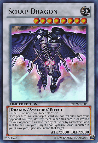 The image displays a "Scrap Dragon [CT09-EN006] Super Rare" trading card from the Yu-Gi-Oh! game. This Super Rare Synchro/Effect Monster features a mechanical dragon with metal wings and claws set against a purple and blue background. From the 2012 Collectors Tin, it boasts stats of "ATK/2800 DEF/2000" and is marked "CT09-EN006.