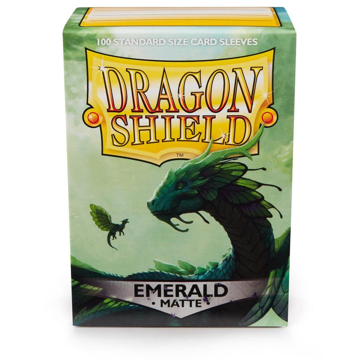 The image displays Arcane Tinmen's Dragon Shield: Standard 100ct Sleeves in Emerald (Matte), featuring a green box with a striking dragon illustration and a small flying creature.